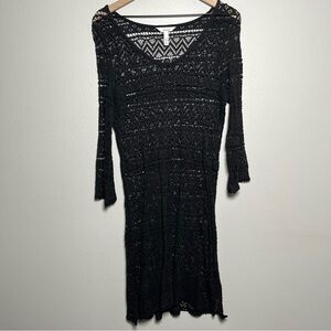 Soma Women Cover Up Dress Medium Black Open Knit Midi Scoop Neck Long‎ Sleeve